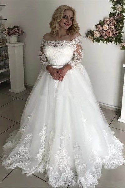 A-Line/Princess Off-the-Shoulder Long Sleeves Court Train Lace Tulle Wedding Dresses