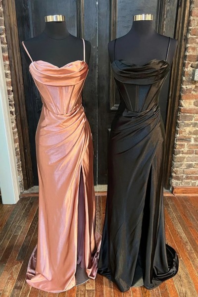 Sheath/Column Sweetheart Sleeveless Silk like Satin Sweep Train Prom Dresses With Split Ruffles