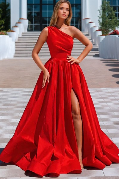2025 A-line Princess Satin Red One Shoulder Long Formal Simple Prom Dress with Pockets Slit Ball Gown