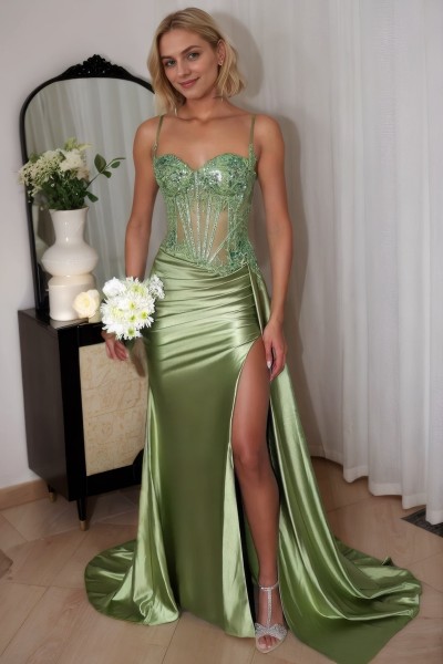Prom Dress 2025 Green Silk Spaghetti Mermaid Strapless Long Formal Dress with Split