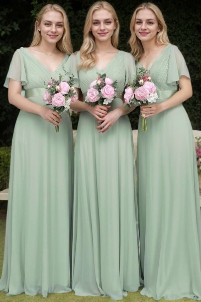 A-Line/Princess Chiffon Ruched V-neck Short Sleeves Sweep/Brush Train Bridesmaid Dresses