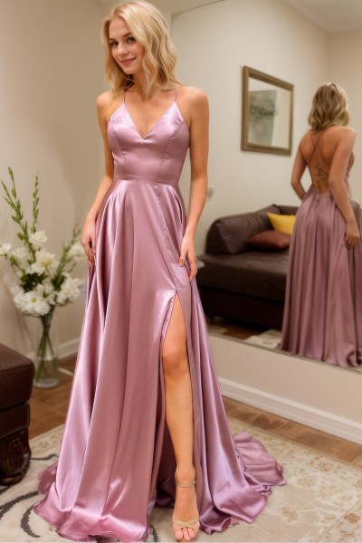 A-line V Neck Sleeveless Charmeuse Sweep Train Prom Dress With Split