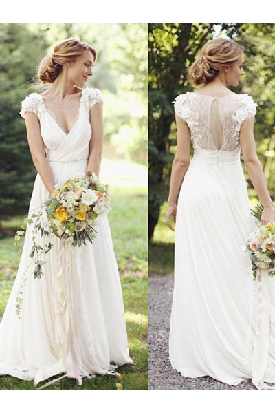 A-Line/Princess Chiffon Ruched V-neck Short Sleeves Sweep/Brush Train Wedding Dresses