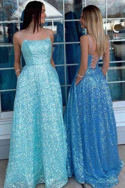 A-Line/Princess Sequins Spaghetti Straps Sleeveless Sweep/Brush Train Prom Dresses