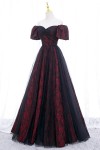 Black Tulle A-Line Prom Dress with Rose Print, Black Off Shoulder Formal Evening Dress