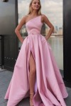 A-line One-Shoulder Long/Floor-Length Satin Prom Dresses With Pockets Waistband Split Prom Gown