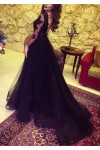 Ball Gown Long Sleeves V-neck Floor-Length Tulle Applique Dresses