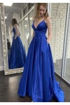 A-line V Neck Spaghetti Straps Sweep Train Charmeuse Prom Dresses With Pockets