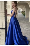 A-line V Neck Spaghetti Straps Sweep Train Charmeuse Prom Dresses With Pockets