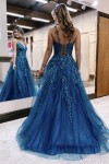 A-Line/Princess Sleeveless V-neck Long Applique Tulle Prom Dresses