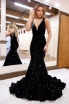 Trumpet/Mermaid Velvet Sequins Ruffles V-neck Sleeveless Sweep/Brush Train Prom Dresses