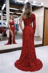 Sheath/Column Velvet Sequins One-Shoulder Long Sleeves Prom Dresses Long Red Formal Evening Gowns