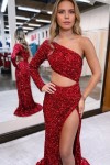 Sheath/Column Velvet Sequins One-Shoulder Long Sleeves Prom Dresses Long Red Formal Evening Gowns