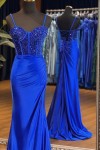 A-Line Sweetheart Neck Tulle Sequin Blue Long Prom Dress, Blue Long Formal Dress
