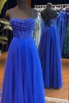 A-Line Sweetheart Neck Tulle Sequin Blue Long Prom Dress, Blue Long Formal Dress