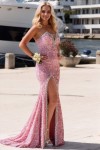 Sheath/Column Pink Velvet Sequins Sleeveless Split Prom Dresses Long Formal Ball Gown