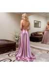 A-line V Neck Sleeveless Charmeuse Sweep Train Prom Dress With Split