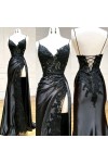 Sheath/Column Black Long Prom Dress Lace V Neck Formal Dresses High split