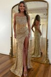 Prom Dress 2025 Gold Lace Sequins Mermaid Strapless Long Formal Dress