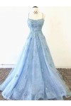A-Line/Princess Tulle Applique Spaghetti Straps Sleeveless Sweep/Brush Train Prom Dresses