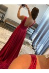 A-Line/Princess Elastic Woven Silk Applique V-neck Sleeveless Sweep/Brush Train Prom Dresses