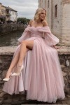 A-Line/Princess Tulle Ruched Off-the-Shoulder Long Sleeves Sweep/Brush Train Dresses