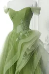 A-Line Blue Tulle Lace Long Formal Dress Off the Shoulder Formal Evening Dress
