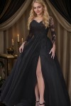 Ball Gown Long Sleeves V-neck Floor-Length Tulle Applique Dresses