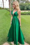 A-line V Neck Sleeveless Long/Floor-Length Satin Prom Dresses With Pleated