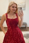 A-line Square Neckline Sleeveless Sweep Train Velvet Sequins Prom Dresses with Pockets