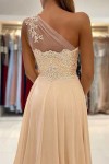 A-line One-Shoulder Sleeveless Chiffon Sweep Train Prom Dress With Appliqued Beading