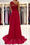 A-line One-Shoulder Sleeveless Chiffon Sweep Train Prom Dress With Appliqued Beading