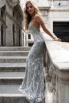 Trumpet/Mermaid V Neck Sleeveless Sweep Train Tulle Prom Dresses With Beading Appliqued