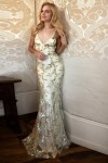 Trumpet/Mermaid V Neck Sleeveless Sweep Train Tulle Prom Dresses With Beading Appliqued