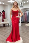 Sheath/Column Elastic Woven Satin Ruched Off-the-Shoulder Sleeveless Sweep/Brush Train Prom Dresses 