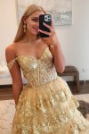 A-Line/Princess Princess Off the Shoulder Sequined Lace Prom Dress