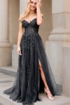 A-line V Neck Spaghetti Straps Long/Floor-Length Lace Prom Dress With Split