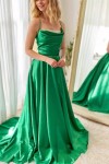 A-line Cowl Neck Spaghetti Straps Sweep Train Charmeuse Prom Dresses With Split Pockets Pleated