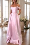 A-Line Satin Long Prom Dress, Simple Off the Shoulder Evening Party Dress