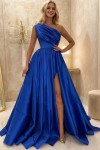 A-line One-Shoulder Satin Prom Dress With Pleated Split