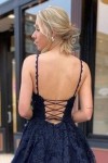 A-line V Neck Spaghetti Straps Sweep Train Tulle Prom Dress With Appliqued