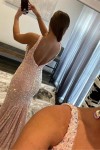 Sheath/Column Trumpet/Mermaid V Neck Sleeveless Velvet Sequins Sweep Train Prom Dress