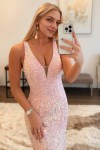 Sheath/Column Trumpet/Mermaid V Neck Sleeveless Velvet Sequins Sweep Train Prom Dress
