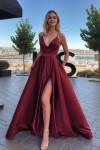A-line V Neck Sleeveless Sweep Train Satin Prom Dress With Split Pockets