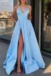 A-line V Neck Sleeveless Sweep Train Satin Prom Dress With Split Pockets