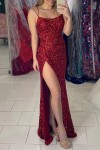 Sheath/Column V Neck Spaghetti Straps Long/Floor-Length Velvet Sequins Prom Dress With Split