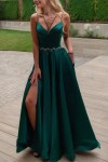A-line V Neck Sleeveless Satin Sweep Train Prom Dress With Pockets Waistband Split