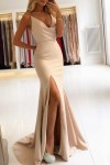 Trumpet/Mermaid V Neck Sleeveless Sweep Train Satin Prom Dresses