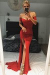 Trumpet/Mermaid Off-the-Shoulder Short Sleeve Court Train Jersey Prom Dresses With Split