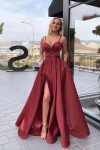 A-line Sleeveless V Neck Long/Floor-Length Satin Prom Dresses With Split Pockets